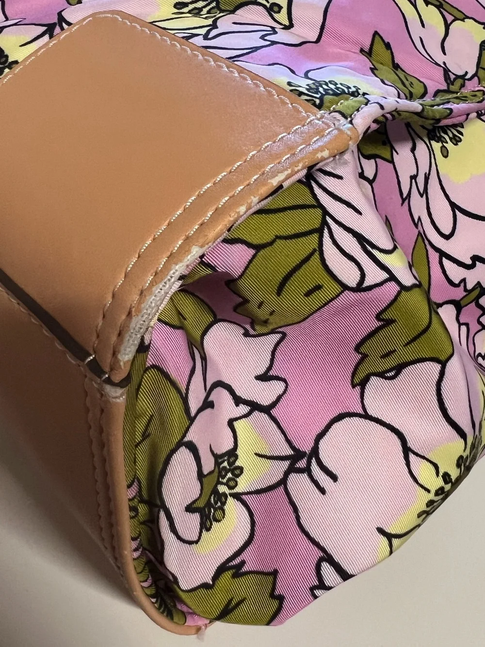 Tory Burch Pink Floral Tote with Tan Leather Trim